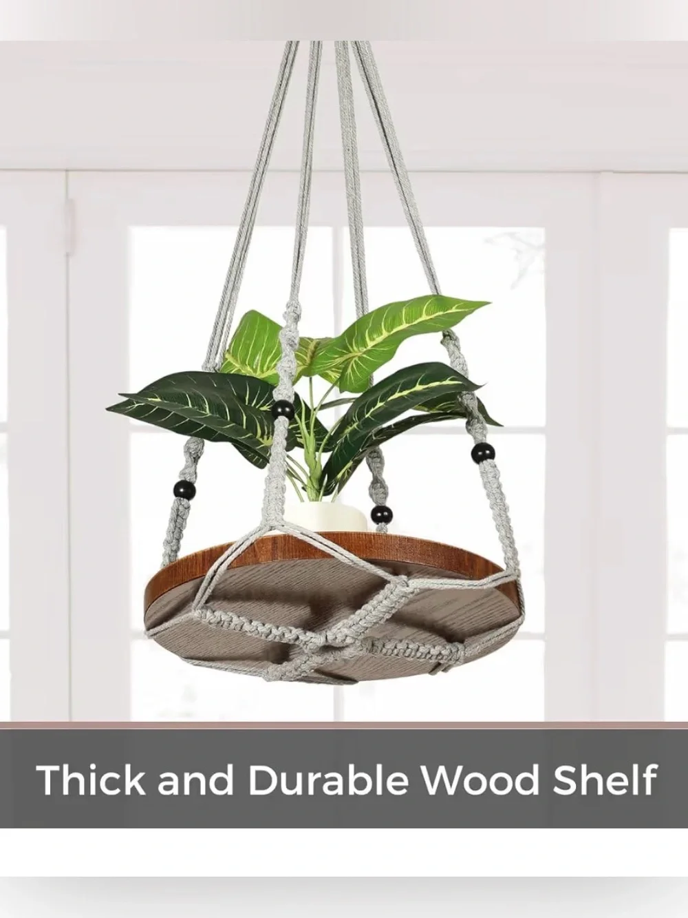 Macrame Plant Hanger with 12” Wood Shelf Indoor Light Gray New Home Decor - Picture 12 of 12